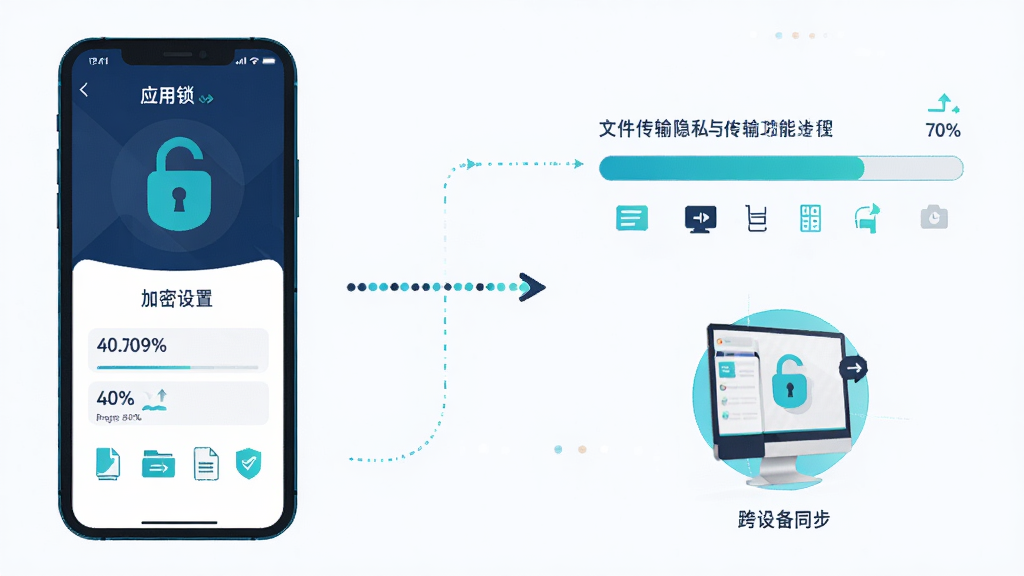 Iyue Chat 隐私与传输功能示意图,画面左侧是一部手机展示应用锁与加密设置界面,右侧是文件传输进度条与跨设备同步图标,中间用虚线箭头连接,整体布局为左右对称,风格为科技感扁平插画,主色为深蓝与青色,细节包括锁形图标、加密盾牌、文件类型小图标和进度百分比,画质高清,画面干净,无多余元素