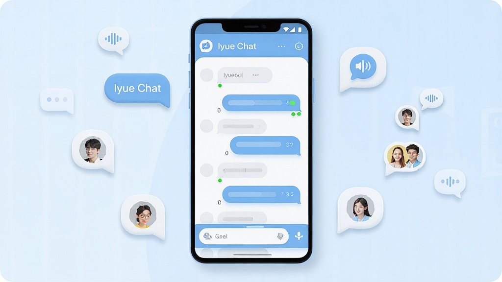 一张展示 Iyue Chat 聊天软件界面的手机效果图,画面中央是一部竖屏安卓手机,屏幕内呈现 Iyue Chat 的聊天列表与对话气泡界面,界面风格简洁清爽,主色调为浅蓝与白色,手机周围环绕若干聊天气泡、语音图标和好友头像的小图标,整体布局居中对称,风格为现代扁平化 UI 插画,细节包括柔和的阴影、圆角输入框和在线状态小绿点,画质高清,画面干净,无多余元素
