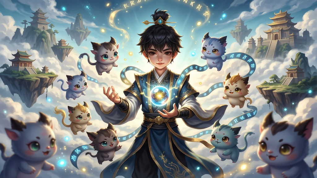 一幅展现妖童专属大世界核心全貌的奇幻插画,画面中央是一位身穿东方玄幻服饰的少年御灵师,手中悬浮着发光灵珠,周围环绕着多种形态各异的可爱妖童精灵,背景是层叠的云海仙山与漂浮岛屿,远处隐约可见七大区域的标志性建筑剪影,整体色调以青蓝与暖金交织,风格为唯美二次元国风,布局采用中心放射状构图,细节包含灵光粒子、符文飘带与妖童表情特写,画质高清精致,画面干净无多余元素,图中不出现任何文字