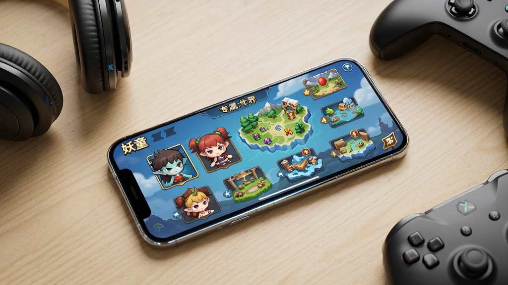 一部智能手机展示妖童专属大世界游戏主界面,画面中可见妖童角色队列与七大区域地图入口,手机放置在木质桌面上,旁边有耳机与游戏手柄,布局采用俯拍视角,风格为清新明亮的数码产品摄影,细节强调屏幕内游戏UI的精致感与手机边框反光,画质高清,画面干净无多余元素,图中不出现任何文字