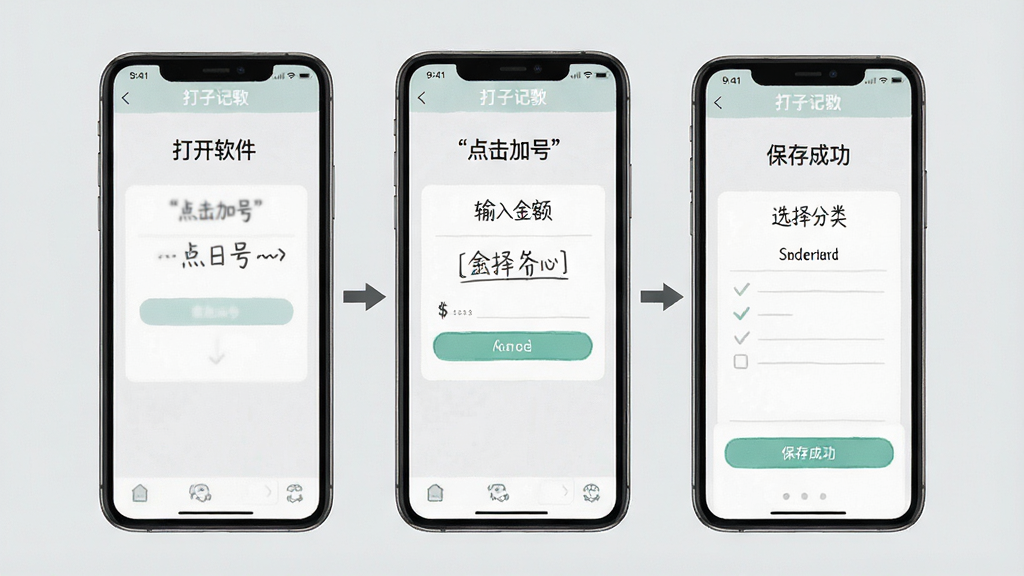 一张展示小日子记账本新手操作步骤的图片,画面中手机屏幕依次显示
