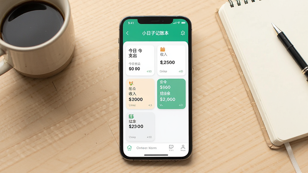 一张展示小日子记账本手机应用主界面的图片,画面中央是一部智能手机,屏幕显示记账本首页,包含今日支出、收入、结余等卡片式布局,背景是温馨的浅色桌面,旁边放着咖啡杯和笔记本,整体风格清新简洁,画质清晰,干净无多余元素
