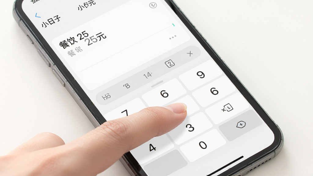 一张展示小日子记账本极速记账功能的图片,画面中一只手正在点击手机屏幕上的数字键盘,屏幕上方显示