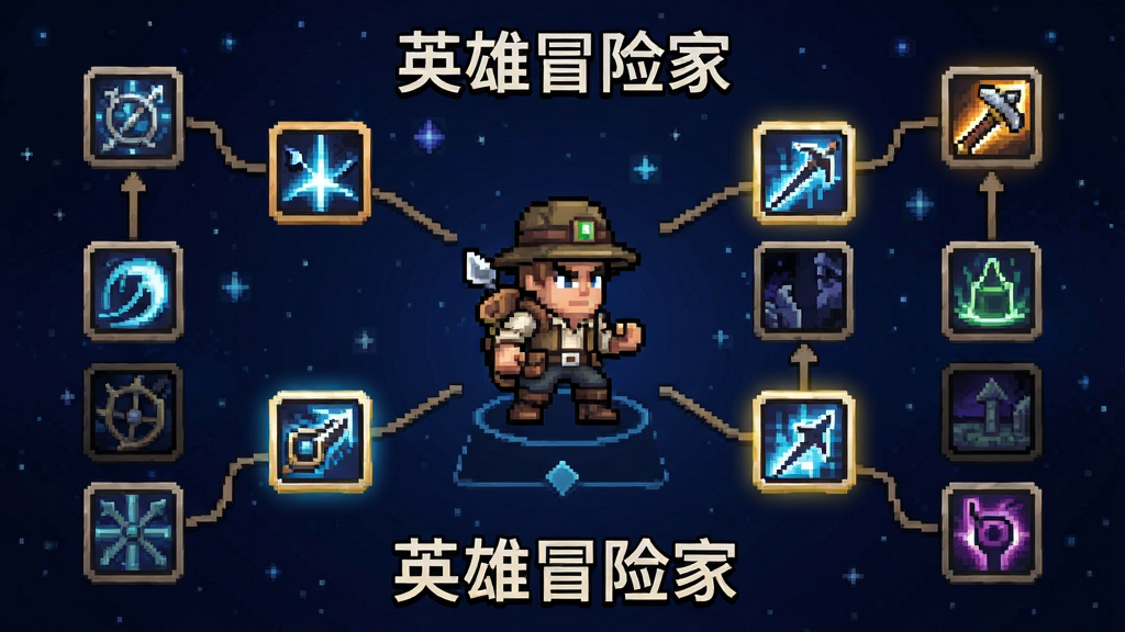 像素风游戏角色技能树界面,画面中央是冒险家角色立绘,四周环绕多个技能图标,图标之间有连线表示解锁路径,部分图标亮起表示已学习,背景为深蓝色星空纹理,整体风格统一,排版整齐,高清画质,画面中带有