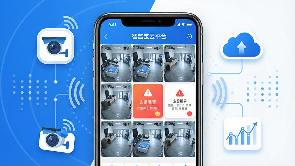 一张展示智监宝云平台手机端主界面的产品展示图,画面中央是一部竖屏智能手机,屏幕显示监控画面九宫格布局与告警提示卡片,手机周围环绕摄像头图标、云朵图标与数据曲线图标;整体采用蓝白科技风配色,布局居中对称,排版清爽;风格为现代扁平化UI产品宣传图,细节包含信号波纹、数据点阵与轻微阴影,画质高清,干净无多余元素