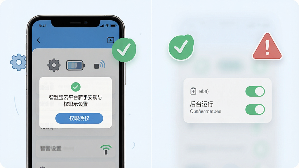 一张智监宝云平台新手安装与权限设置示意图,画面为手机屏幕展示权限授权弹窗与后台运行设置开关,旁边配有对勾与警示图标;布局为左右分栏,风格为清新浅色教程插画,细节包含齿轮图标、电池图标与网络信号标识,画质高清,干净无多余元素