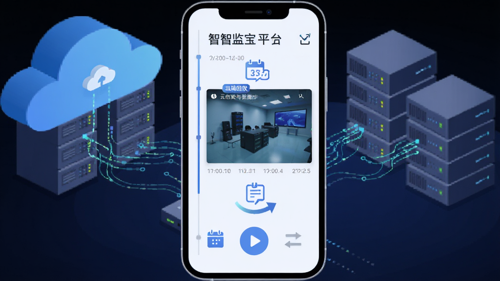 一张智监宝云平台云端回放与数据同步功能的示意图,画面为手机屏幕展示时间轴与录像回放窗口,背景为云服务器与数据流线条;布局为居中构图,风格为科技感扁平插画,细节包含播放按钮、日历图标与同步箭头,画质高清,干净无多余元素