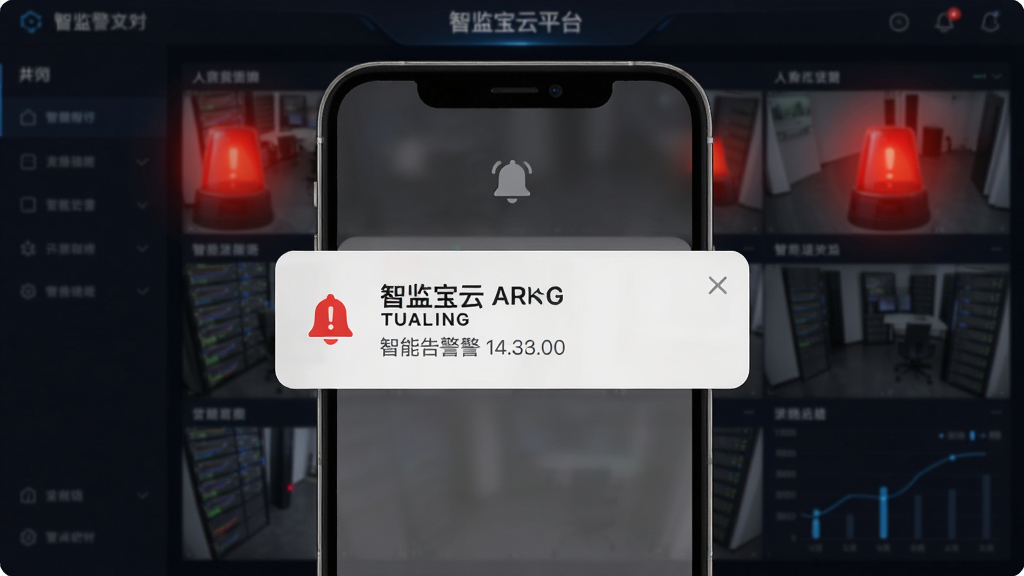 一张智监宝云平台智能告警推送功能的界面示意图,画面中央为手机弹出告警通知卡片,背景为暗色监控大屏与红色警示光晕;布局以上下结构为主,风格为现代UI视觉稿,细节包含铃铛图标、红色感叹号与时间信息,画质高清,干净无多余元素