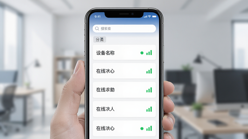 一张智监宝云平台设备管理列表页的界面展示图,画面为手机屏幕内显示设备卡片列表,每张卡片包含设备名称、在线状态圆点与信号格图标;布局为纵向列表排版,风格为简约商务风,细节包含分组标签与搜索框,画质清晰,干净无多余元素