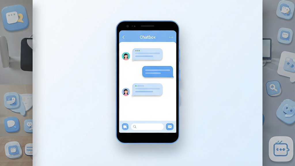һ��չʾChatbox��������ĸ���ͼ������Ϊһ����׿�ֻ�������ǳɫ���䱳�����룬�ֻ���Ļ����ʾ��������Ի����ڽ��棬���������û���AI�Ի�������Ԫ�أ����ֲ��þ��жԳƹ�ͼ���Ű����ֻ�ռ�ݻ�������λ�ã����Ϊ�ִ��Ƽ��б�ƽ�廭��ϸ�ڰ�����͵���Ӱ��Բ��ͼ�ꡢ����ɫ���ɫ����Ľ�����ɫ�����ʸ���ɾ��޶���Ԫ�أ�ͼƬ�пɼ������֡�Chatbox����Ϊ������ʶ