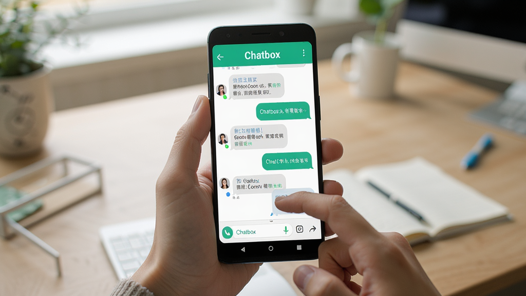 һ��չʾChatbox�ƶ���ʹ�ó�����AI��ͼ������Ϊһֻ�����Ű�׿�ֻ�����Ļ��ʾChatbox�Ի����棬����Ϊ�ֳ��ֻ���д���С������黯���Ű�������湹ͼ�����Ϊдʵ������Ӱ�磬ϸ�ڰ����ֻ���Ļ�����������������ݡ���ָ�ᴥ��Ļ������Ϊģ����������������Ȼ�������䣬���ʸ���ɾ��޶���Ԫ�أ�ͼƬ�пɼ������֡�Chatbox��