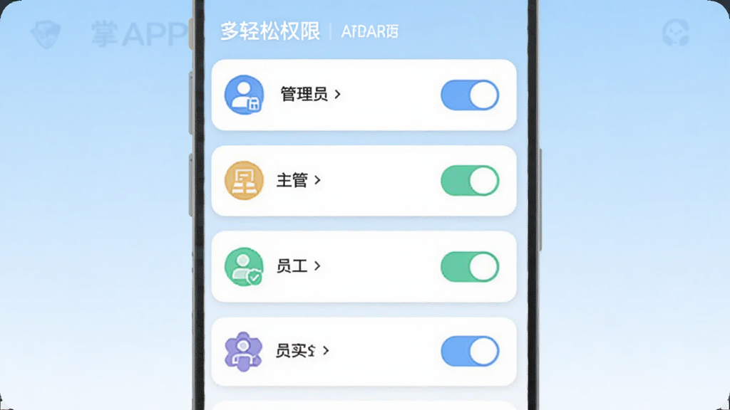 ��������Ϊ������APP�Ķ��ɫȨ�޹������棬��Ļ����ʾ����Ա�����ܡ�Ա��������ɫ��Ƭ����ӦȨ�޿��ذ�ť������Ϊ����ǳ��ɫ���䣬���ֲ��������б��Ű棬���Ϊ��ƽ��UI��Ʒ磬ϸ�ڰ���ͼ��������������ťԲ����͡����幤��������Ϊ���壬�ɾ����࣬�޶���Ԫ��