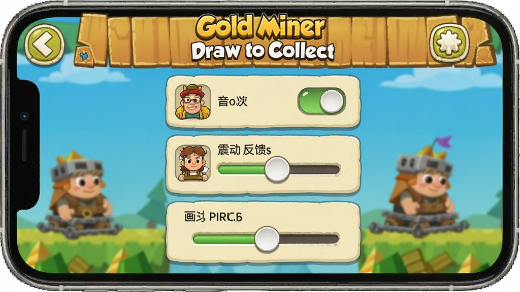 �ֻ���Ļ��ʾGold Miner Draw to Collect����Ϸ���ý��棬������Ч���ء��𶯷��������ʵ��ڵ�ѡ�����Ϊ�����б����У��Ű����������Ϊ��ͨUI��ϸ�ڰ�������ͼ�ꡢ���ذ�ť������ؼ������������ɾ����޶���Ԫ�أ�ͼƬ�����ֱ�ע