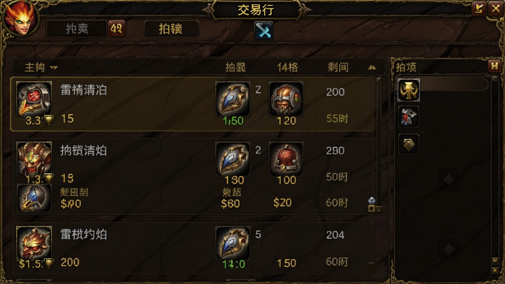 雷霆烈焰游戏内交易行界面,画面显示拍卖行列表中有多件装备正在出售,标注了价格和剩余时间,界面风格为传奇类手游UI,色调以深棕色和金色为主,布局清晰,画质干净,无多余元素