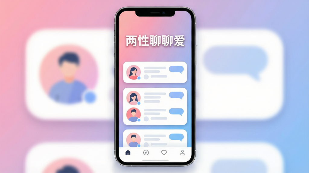 一张展示两性聊聊爱软件主界面的手机样机图,画面中央是手机屏幕,屏幕上显示着柔和的粉蓝渐变背景,顶部有“两性聊聊爱”的白色加粗字体,下方排列着几个圆角矩形聊天卡片,卡片上有抽象的人物头像图标和消息气泡,底部导航栏清晰可见,整体布局简洁,风格为现代扁平化UI设计,细节包括微妙的阴影和圆润的边角,画质清晰,干净,无多余元素