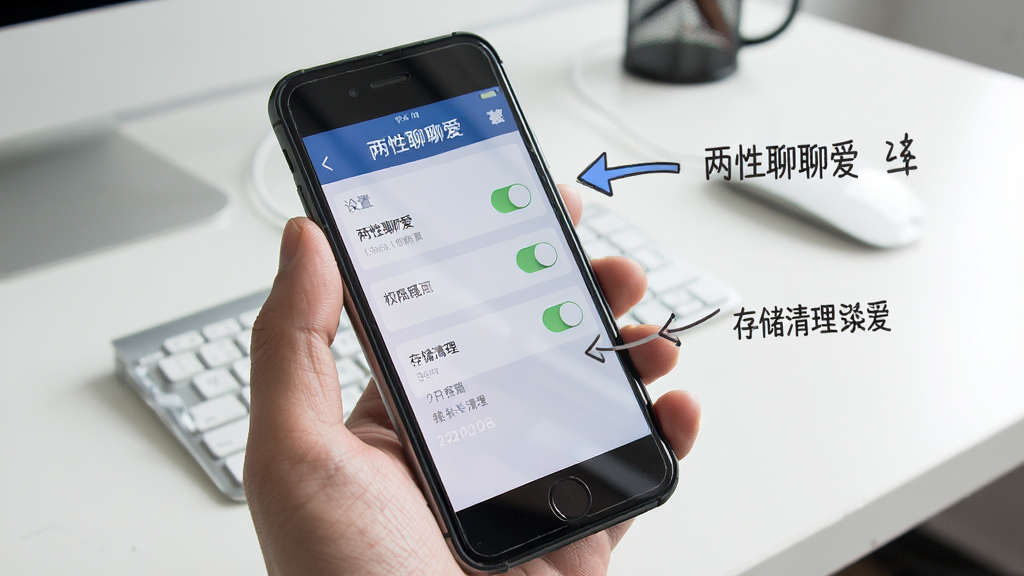 一张展示两性聊聊爱使用教程的示意图,画面中是一只手拿着手机,手机屏幕上显示着“两性聊聊爱”的设置页面,页面中有权限开关和存储清理选项,旁边有箭头指示操作步骤,背景是简洁的办公桌面,风格为写实照片风格,细节包括手机屏幕的反光和手指的纹理,画质清晰,干净,无多余元素
