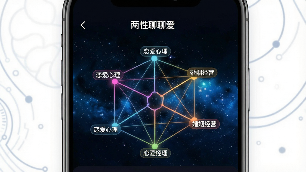 一张展示两性聊聊爱智能匹配功能的界面图,画面中是一部手机,屏幕显示着“两性聊聊爱”的匹配页面,页面中央有一个由多个彩色小圆点连接成的网络拓扑图,每个圆点代表一个兴趣标签如“恋爱心理”“婚姻经营”,连接线代表匹配路径,背景是深色模式下的星空效果,风格科技感与温馨感结合,细节包括发光的连接线和清晰的标签文字,画质干净,无多余元素
