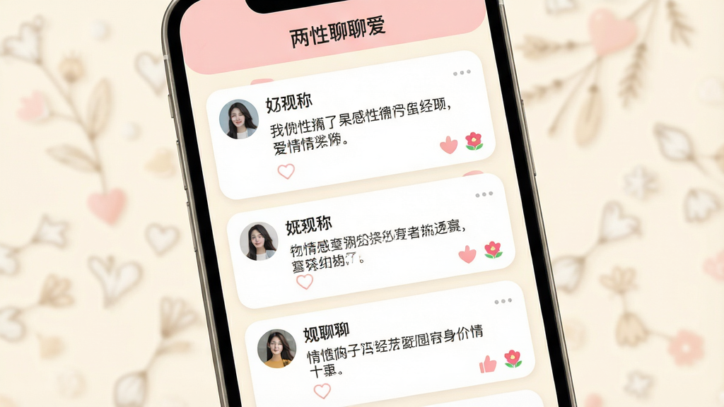 一张展示两性聊聊爱情感动态社区的界面图,画面中手机屏幕显示着瀑布流布局的动态卡片,每张卡片包含用户头像、匿名昵称、一段情感文字和点赞送花图标,顶部有“两性聊聊爱”的社区标签栏,背景是温暖的米白色调,风格清新柔和,细节包括圆角卡片和淡粉色点缀,画质清晰,干净,无多余元素