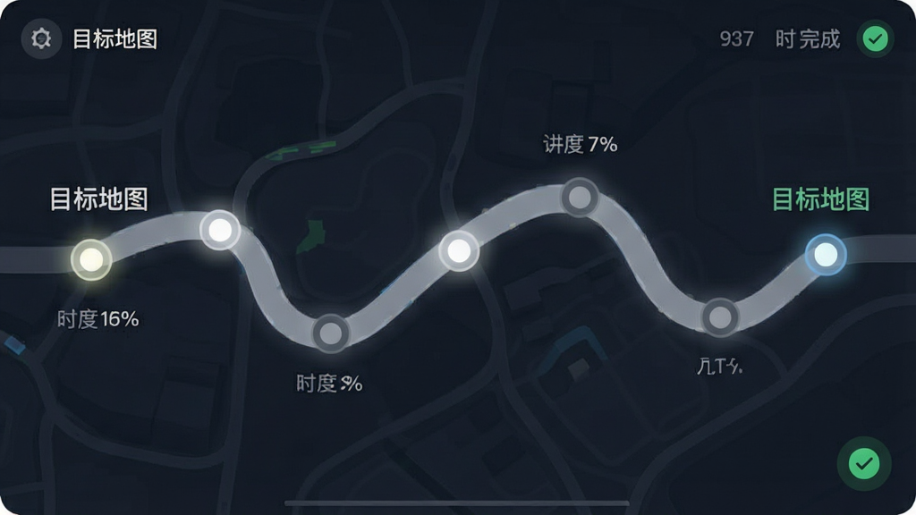 一张展示目标地图路线追踪功能的界面截图风格图片,画面中央是一条蜿蜒的路径,路径上有多个已点亮和未点亮的圆形节点,节点旁标注着“目标地图”文字,布局为横向延伸,排版简洁,风格为现代UI设计,细节包括进度百分比、时间标签、完成打勾图标,画质高清,干净,无多余元素