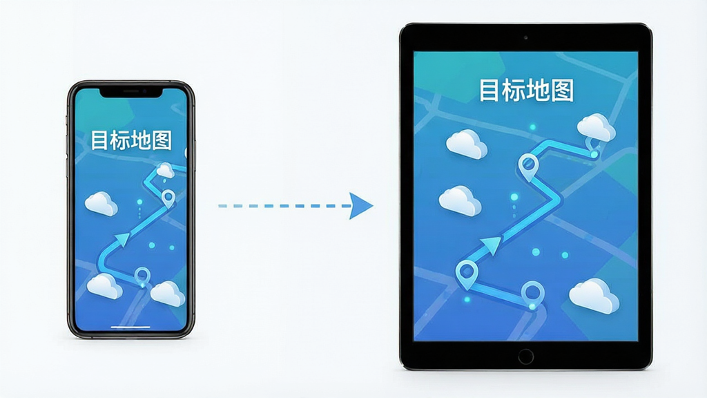 一张表现目标地图多端同步概念的图片,画面左侧是一部手机,右侧是一台平板电脑,两者之间用虚线箭头连接,屏幕上都显示着相同的地图路径和“目标地图”文字,布局对称,排版清晰,风格为科技简约风,细节包括云朵图标、同步箭头、数据小点,画质明亮,干净,无多余元素