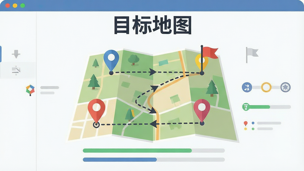 一张展示目标地图软件主界面的图片,画面中央是一幅带有路径标记的地图,地图上有多个彩色图钉标注不同目标点,起点和终点用虚线连接,周围环绕着“目标地图”文字标识,整体布局清晰,排版简洁,风格为扁平化插画,细节包括路径箭头、目标旗帜、进度条等元素,画质清晰,干净,无多余元素