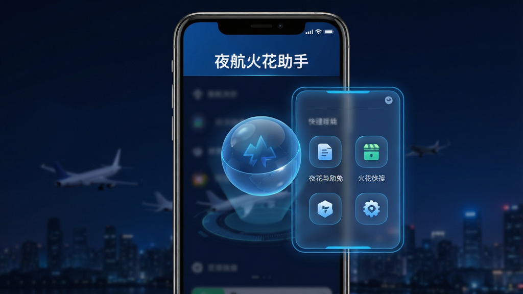 一张展示夜航火花助手一键快捷操作功能的示意图,画面中央为手机屏幕显示悬浮球和快捷面板,面板上有多个功能图标,软件名称