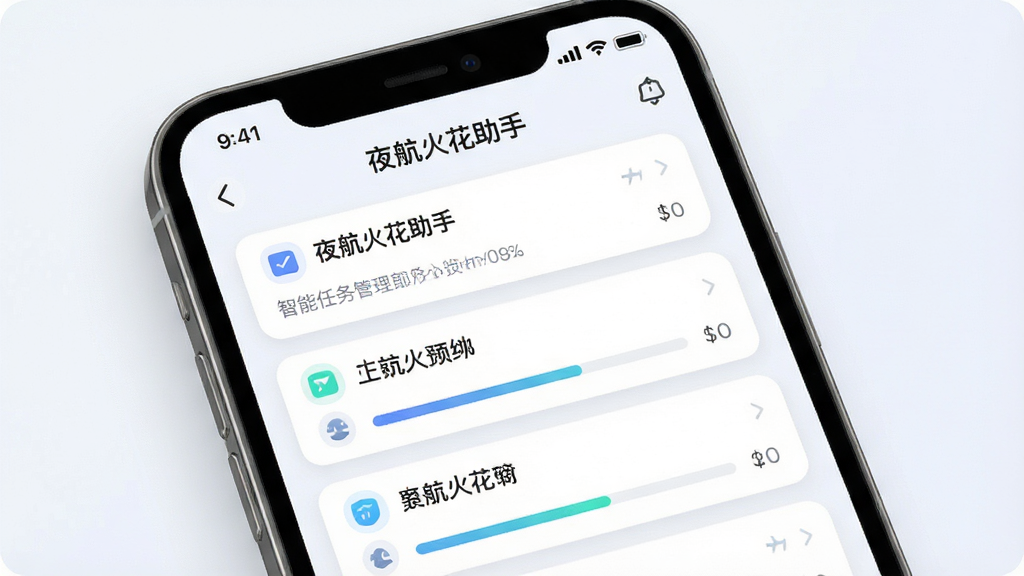 一张展示夜航火花助手智能任务管理功能的界面图,画面主体为手机屏幕中的任务列表面板,包含多个任务卡片和进度条,软件名称