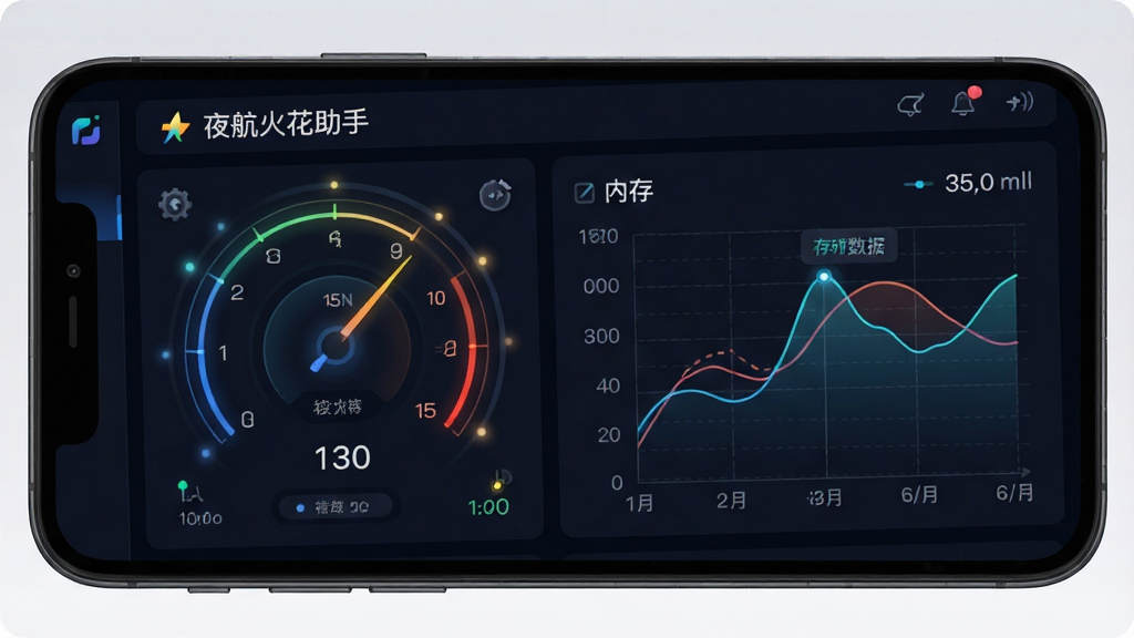 一张展示夜航火花助手实时状态监控功能的界面图,画面主体为手机屏幕显示仪表盘和折线图,图表清晰展示内存和存储数据,软件名称