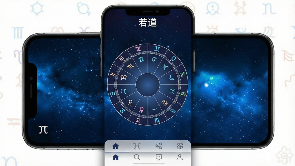 一张手机屏幕展示若道占星应用的主界面,画面中央是一个圆形星盘图表,周围环绕十二星座符号,背景为深蓝色星空渐变,界面简洁现代,顶部有“若道”文字标识,底部有功能导航栏,整体风格专业且神秘,画质清晰,干净,无多余元素