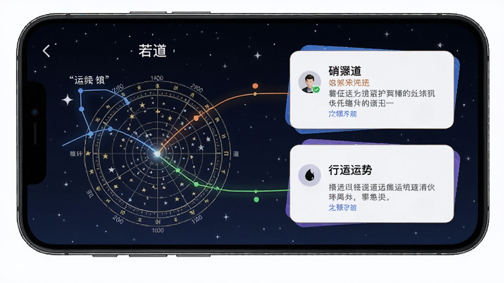 手机屏幕展示若道应用的行运运势页面,画面中有两条时间线交汇的星盘图,旁边配有文字解读卡片,背景为深色夜空点缀星星,界面排版清晰,风格沉稳专业,画质清晰,干净,无多余元素