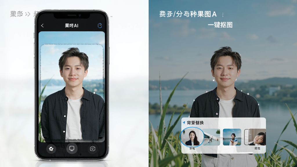 一张展示果咚AI一键抠图与背景替换功能的图片,主体是手机屏幕中人物被精准抠出并放置在新背景上,布局为分步展示抠图过程,风格为实用工具类产品展示,细节包括边缘处理效果和背景选项,画质高清,干净,无多余元素