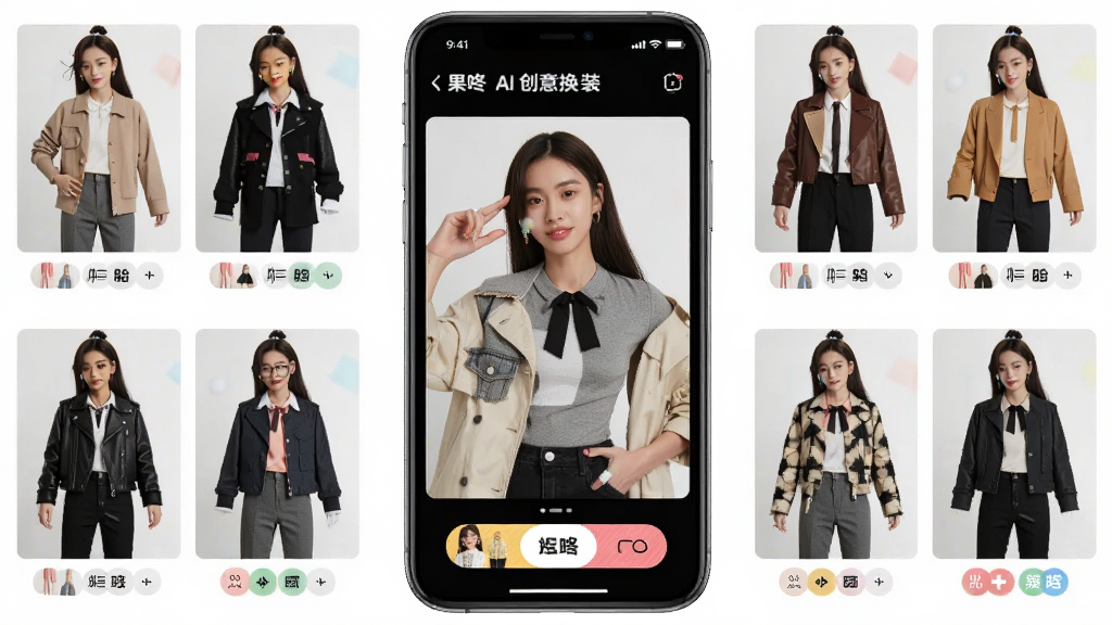 一张展示果咚AI创意换装功能的图片,主体是手机屏幕中人物照片更换不同服装风格的展示,布局为多套服装模板环绕人物,风格为时尚活泼的产品功能展示,细节包括服装缩略图和切换按钮,画质高清,干净,无多余元素