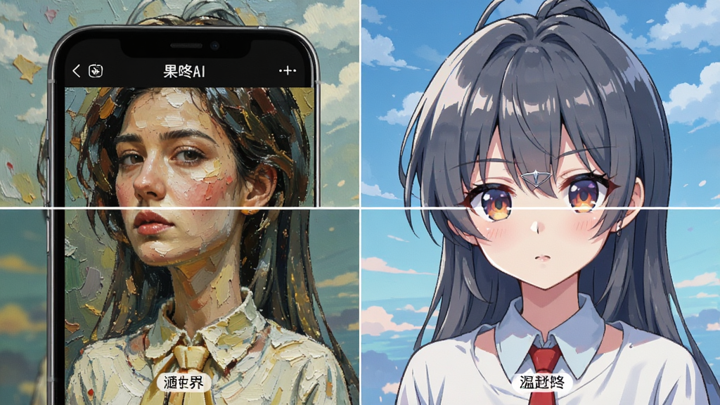 一张展示果咚AI艺术风格转换功能的图片,主体是手机屏幕中一张照片被处理成油画和动漫风格的效果,布局为四格展示不同风格效果,风格为艺术创意类产品展示,细节包括风格名称标签和对比效果,画质高清,干净,无多余元素