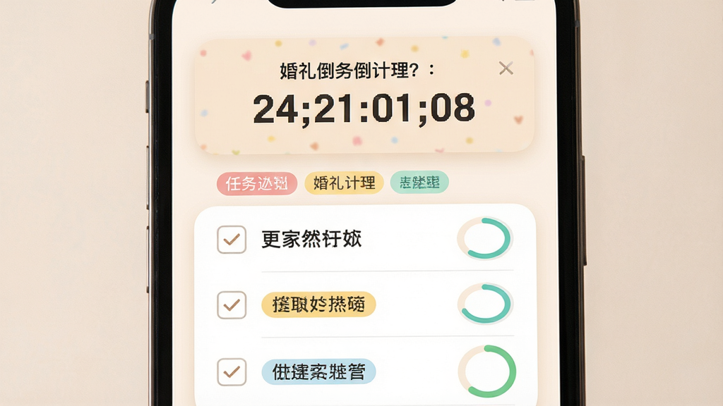 一张婚礼总动员功能展示图,主体是手机屏幕内显示任务清单管理界面,布局为上下结构,上方是婚礼倒计时横幅,下方是带勾选框的任务列表,排版清晰,风格简约温馨,细节包括浅色背景、圆角卡片、彩色标签和进度环,画质高清,干净,无多余元素。