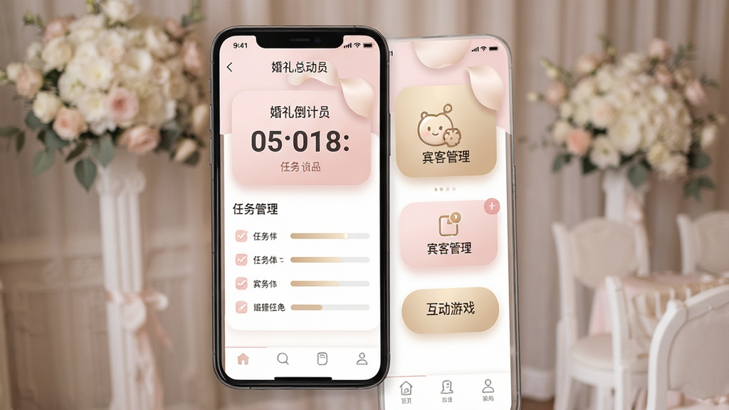 一张手机应用界面展示图,主体是一部竖屏智能手机,屏幕内显示婚礼总动员APP的主页,页面布局包含婚礼倒计时卡片、任务清单进度条、宾客管理入口和互动游戏按钮,排版整齐清晰,风格温馨浪漫,以浅粉色和香槟金为主色调,细节包括圆角图标、柔和阴影和简洁的导航栏,画质高清,干净,无多余元素。