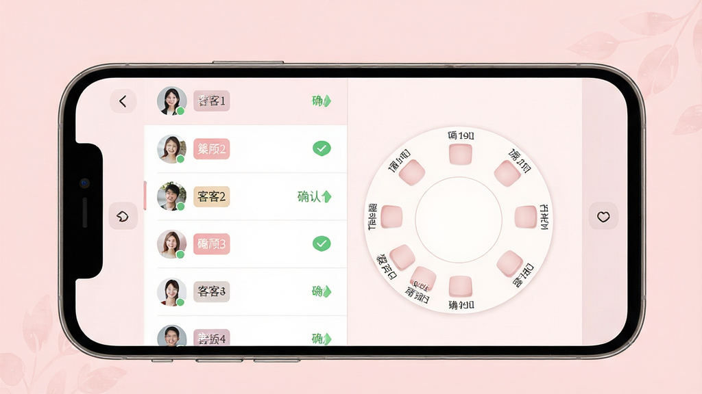 一张婚礼总动员宾客管理界面展示图,主体是手机屏幕内显示宾客列表和座位编排视图,布局为左侧宾客名单、右侧圆桌座位图,排版对称,风格清新淡雅,细节包括宾客头像、桌号标签、确认状态图标和柔和的粉色背景,画质高清,干净,无多余元素。