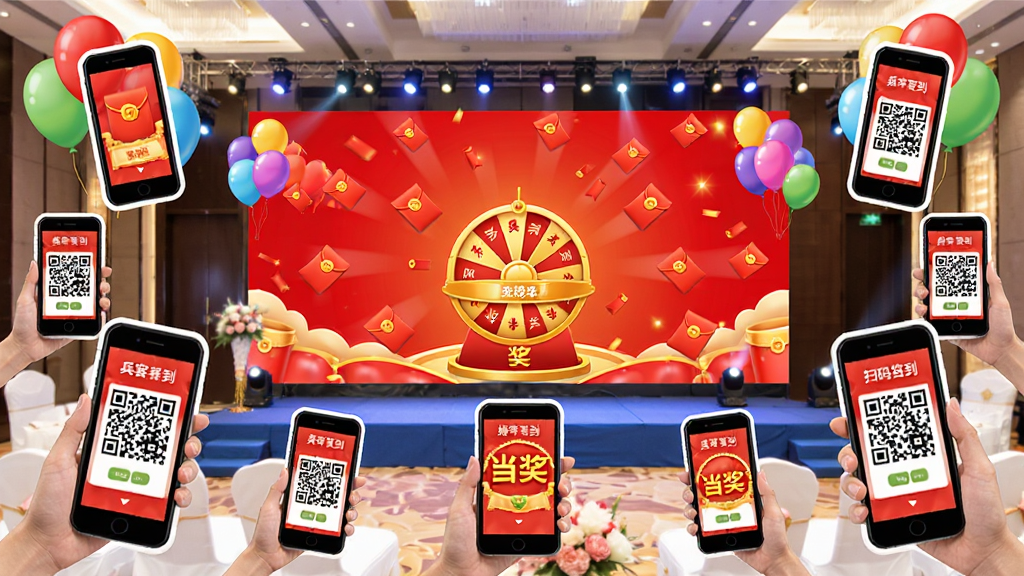 一张婚礼总动员现场互动功能展示图,主体是婚宴舞台大屏幕和宾客手机互动的场景,布局为大屏幕居中、周围环绕手机图标,排版活泼,风格喜庆热闹,细节包括红包雨动画、抽奖转盘、扫码签到二维码和彩色气球装饰,画质高清,干净,无多余元素。