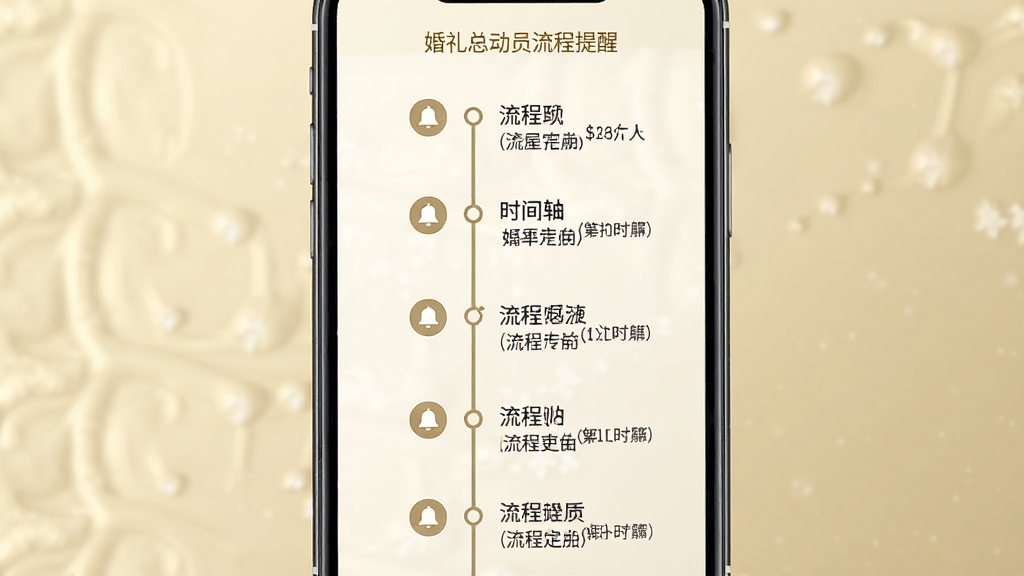 一张婚礼总动员流程提醒界面展示图,主体是手机屏幕内显示婚礼当天时间轴,布局为纵向时间线排列,排版规整,风格优雅大方,细节包括时间节点图标、提醒铃铛、流程说明文字和淡金色背景,画质高清,干净,无多余元素。
