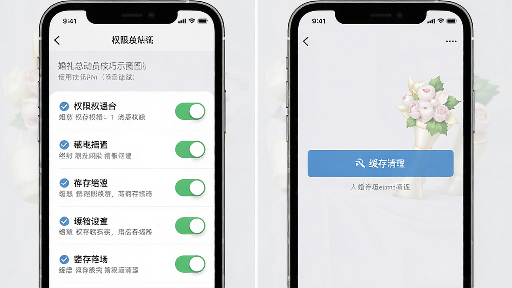 一张婚礼总动员使用技巧示意图,主体是手机屏幕显示设置页面和权限管理界面,布局为左右分栏,左侧是权限开关列表,右侧是缓存清理按钮,排版简洁,风格实用导向,细节包括勾选图标、提示文字和浅灰色背景,画质高清,干净,无多余元素。