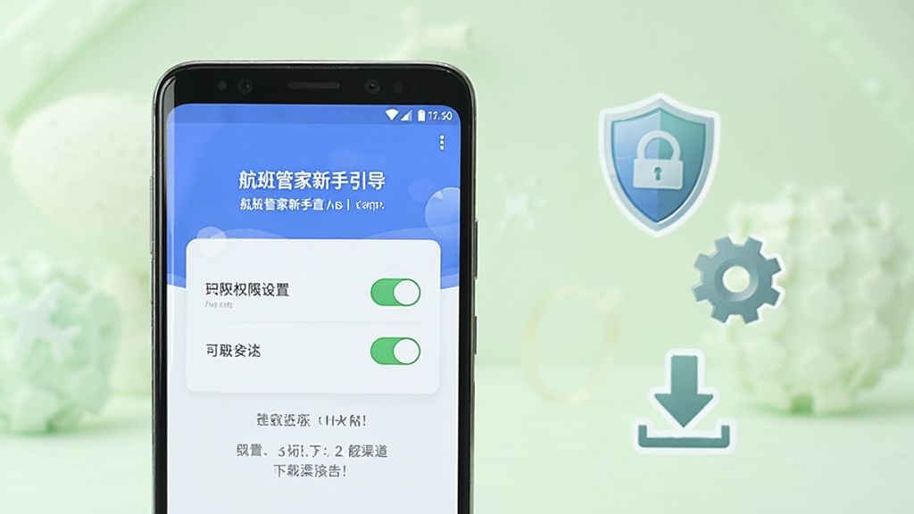 画面中央为一部安卓手机,屏幕上显示航班管家新手引导页面,页面中有权限设置开关和提示文字,手机旁边有盾牌、齿轮和下载箭头图标,背景为浅绿色柔和空间,布局采用左右分栏排版,风格为清新安全风,细节上突出权限设置和下载渠道的提示,画质高清干净无多余元素