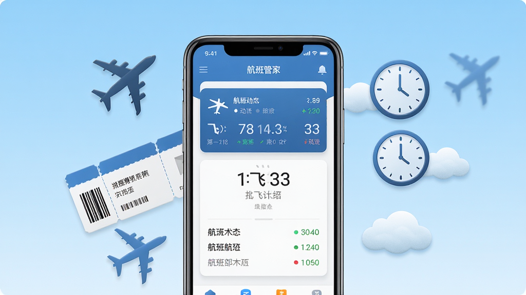 画面中央是一部智能手机,屏幕上显示航班管家应用主界面,界面中有航班动态卡片、起飞倒计时和航班状态标识,手机周围环绕飞机剪影、登机牌、时钟和云朵图标,背景为浅蓝色渐变天空,布局采用居中对称排版,风格为现代扁平化科技风,细节上突出界面清晰度和图标质感,画质高清干净无多余元素