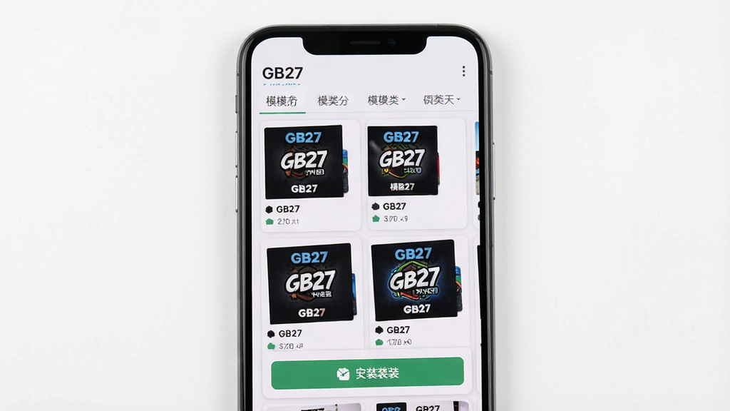 一张展示GB27游戏盒模组管理界面的图片,主体是手机屏幕,屏幕上显示模组列表和安装按钮;布局为上下结构,上方是模组分类标签,下方是模组卡片;排版清晰,卡片式设计;风格为简洁实用;细节包括
