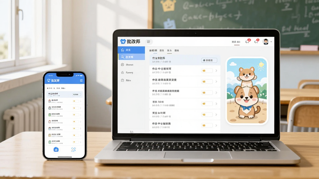 画面中央放置一部智能手机和一台笔记本电脑,屏幕均显示“批改邦”软件界面,界面中有作业批改列表和班级宠物形象,背景是整洁的教室桌面,柔和自然光,扁平化插画风格,细节清晰,画质干净,无多余元素