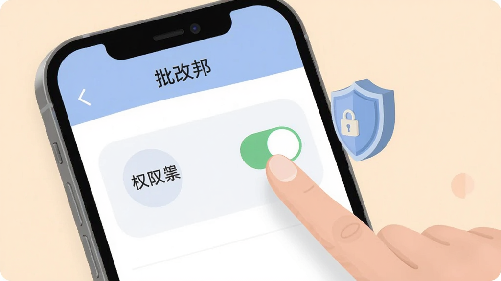 画面展示“批改邦”手机端设置界面,手指正在点击权限开关,旁边有盾牌图标表示安全,背景干净,扁平化设计风格,色彩柔和,细节清晰,画质干净,无多余元素