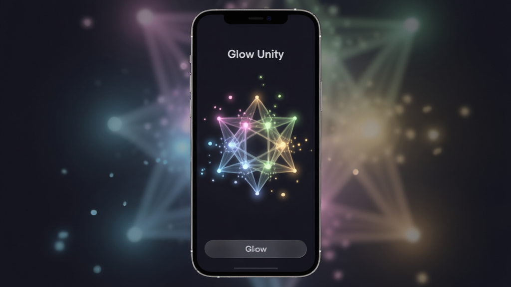 主体为一部智能手机竖屏展示“Glow Unity”游戏画面,布局采用居中构图,手机屏幕内呈现深色背景中多色光点汇聚成几何图案,排版简洁,风格为暗色科技感与柔和光效结合,细节包括光晕渐变、粒子漂浮、界面按钮半透明,画质高清、干净、无多余元素