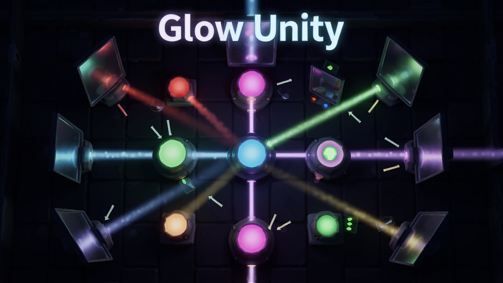 主体为“Glow Unity”游戏内一关俯视视角,布局为中央有多个彩色光源与反射镜面,排版呈现解谜界面,风格为暗色背景配霓虹光效,细节包括光束路径、镜面角度标识、接收器发光提示,画质高清、干净、无多余元素