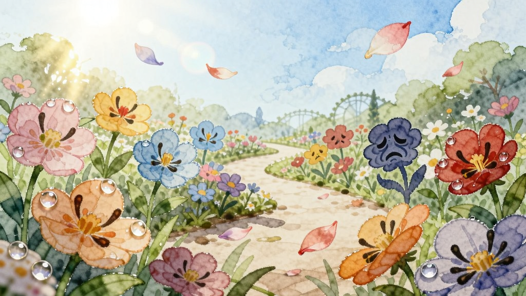 Floria情绪花园日记中的虚拟花园场景,画面主体是一座盛开的花园,不同颜色的花朵代表快乐、平静、悲伤等情绪,布局为前景花丛、中景小径、远景天空的层次结构,排版呈自然散落状,风格为水彩手绘风,细节包括花瓣上的露珠、柔和的阳光光晕、飘落的花瓣,画质细腻,干净,无多余元素