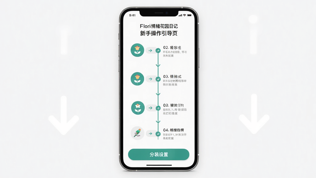 Floria情绪花园日记新手操作引导页,画面展示手机屏幕中分步提示的安装与设置流程,布局为纵向时间轴式排列,排版清晰有序,风格为现代扁平化UI,细节包括图标、箭头指引、高亮按钮,画质高清,干净,无多余元素