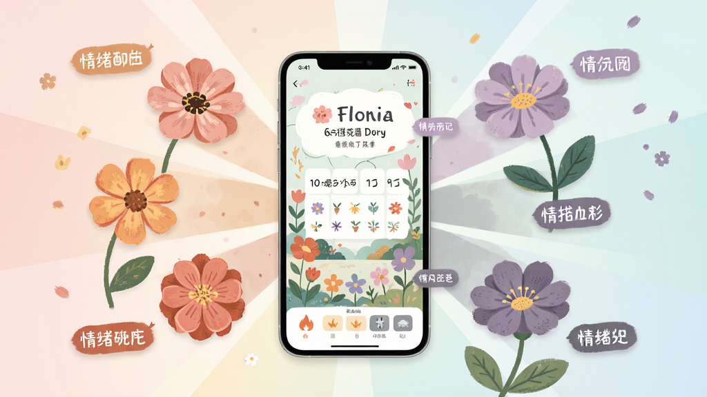 Floria情绪花园日记应用界面全景展示,画面中央是一部手机屏幕显示着色彩柔和的花园日记界面,周围环绕着代表不同情绪的花卉元素,整体布局采用中心辐射式构图,排版简洁大方,风格为清新治愈系扁平插画,细节包括花瓣纹理、柔和渐变背景、悬浮的情绪标签,画质高清,干净,无多余元素