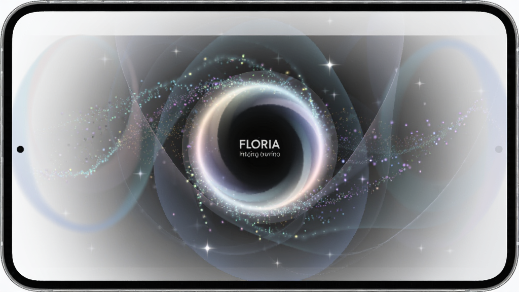 Floria情绪花园日记呼吸放松界面,画面中心是一个缓缓缩放的光圈动画示意,周围有飘动的粒子效果,布局为居中对称,排版留白充足,风格为极简科技感,细节包括半透明渐变光晕、微弱的星光点缀,画质清晰,干净,无多余元素